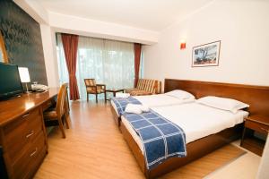 a bedroom with a bed and a desk and a television at Accommodation Dolcino in Ulcinj