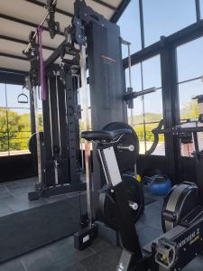 a gym with a treadmill and a simulator at Garden House in Velika