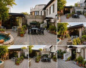 a collage of photos of a patio with tables and chairs at Ortachala Summer House in Tbilisi City