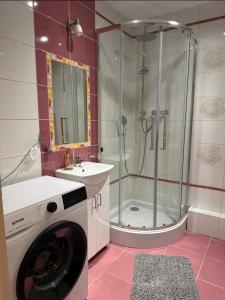 a bathroom with a shower and a washing machine at Apartament Miejski Azyl in Rybnik