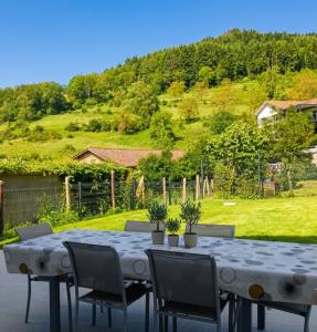 a table and chairs with a view of a hill at Le Nolan in Cublize