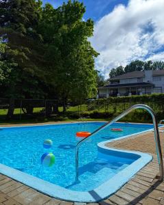 a swimming pool with a volley ball hoop in it at Hôtel au Petit Berger in La Malbaie