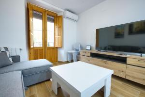 a living room with a couch and a tv at Balcón de los Herreros in Cuenca
