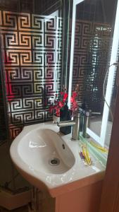 a bathroom with a white sink and a window at Căsuța Casper in Tudora