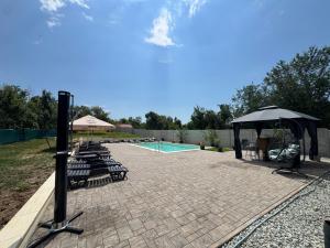 a swimming pool with a black canopy and chairs next to a pool at Casa Logascu in Bîlta