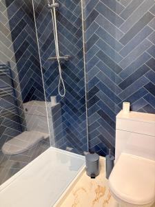 a blue tiled bathroom with a shower and a toilet at Myrtlebank in Pitlochry
