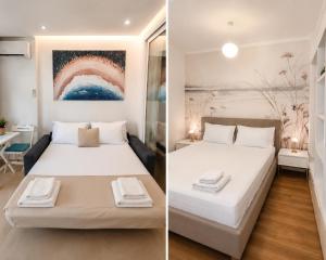 two images of a bedroom with two beds at Viola Apartments 2 Min to Beach in Vlorë