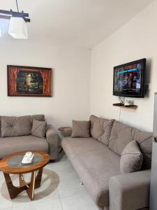 a living room with a couch and a tv at Sark in Lezhë
