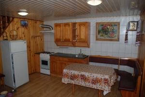 a kitchen with wooden cabinets and a table in it at Дім дача біля води in Protsev