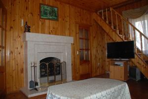 a bedroom with a fireplace and a tv and a bed at Дім дача біля води in Protsev