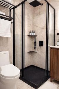 a bathroom with a shower and a toilet at Bay Ridge ApartHotel in Brooklyn +57 photos