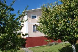a white and red house with a tree in front of it at Дім дача біля води in Protsev