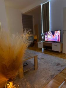 a living room with a tv and a couch with a table at Avenue Apartment Sarajevo in Sarajevo
