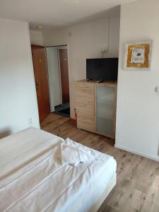 a bedroom with a bed and a flat screen tv at Pension Hofmann in Gröbenzell
