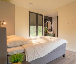 a bedroom with a large bed and two mirrors at Forest Lodge 6 persons #624 in Maasbree