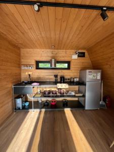a kitchen in a room with wooden walls at Aba Ula in Martvili