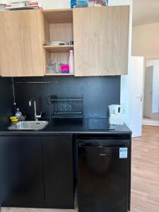 a black kitchen with a sink and a dishwasher at Mendess suites in Palaiseau