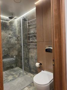 a bathroom with a shower and a toilet in it at Central Apartament in Telšiai +16 photos