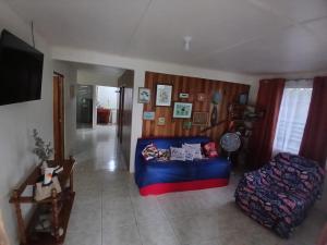 a living room with a blue couch and a tv at CañoNegro CasaBlanca in Caño Negro