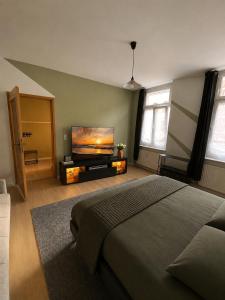 a bedroom with a bed and a flat screen tv at Adam's Sonnenberg Apartment in Chemnitz