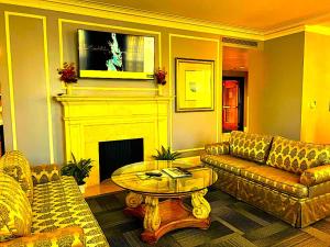 a living room with a couch and a fireplace at Hotel Bhanuka Palace in Dhanbād