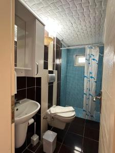 a bathroom with a sink and a toilet and a shower at Deniz Kenarı Beach & Garden in Ayvacık