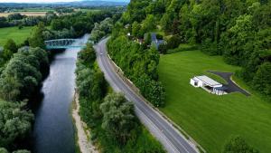 an aerial view of a bridge over a river at Apartma Belvi in Brežice