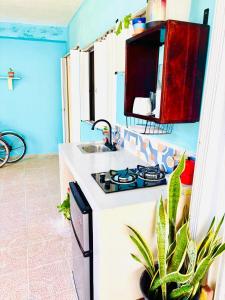 a kitchen with a sink and a stove top oven at Garden House 2 bikes included in Mahahual