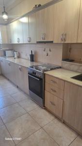 a kitchen with wooden cabinets and a stove top oven at Cozy Townhouse in Yerevan