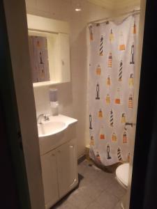 a bathroom with a shower curtain with a sink and a toilet at Los abuelos 28 in Estación La Dorotea