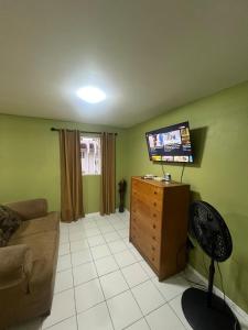 a living room with a couch and a flat screen tv at Grand One Bedroom Studio Apt in Kingston