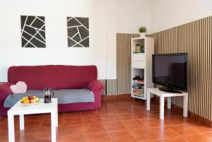 a living room with a purple couch and a tv at Vv Casa Marire in Breña Alta +5 photos