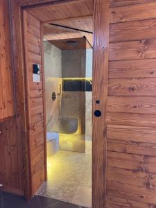 a bathroom with a toilet through a wooden door at Bujtina Lepushe Agroturizem in Lëpushë
