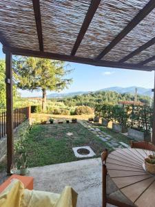 a patio with a table and a view of a yard at Domus Mazzoni in Capannori +8 photos