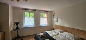 a bedroom with a bed and two windows at Apartament 5- Bliżej Zdroju in Polanica-Zdrój