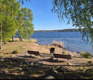 two park benches in front of a body of water at Gäststugan in Åkersberga +9 photos