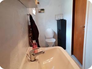 a bathroom with a sink and a toilet at Central apartment in Vestmanna in Vestmanna