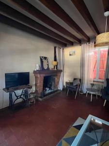 a living room with a fireplace and a television at Maison solognotte in Sainte-Montaine