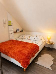 a bedroom with a bed with an orange blanket at Le Nid Dolois in Dole