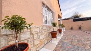 a brick wall with potted plants next to a building at Saob Property in Germiston