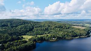 an aerial view of a lake with trees at Sabines Sjöstuga in Bjärtrå