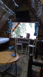 a room with a bed and a table in a cabin at Mi Terraza Hostel in Almirante +19 photos