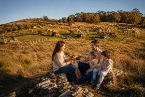 a family sitting on a rock with a dog at Valle de la Luna in Tandil