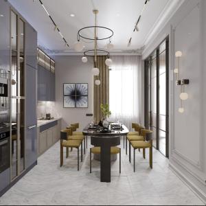 a kitchen and dining room with a table and chairs at Madigul in Andijan
