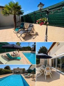 a collage of pictures of a pool with chairs and an umbrella at La Escapade Cubaine in Villeneuve-sur-Lot