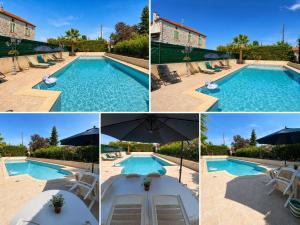 a collage of four pictures of a swimming pool at La Escapade Cubaine in Villeneuve-sur-Lot