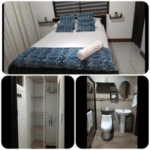 two pictures of a bedroom with a bed and a bathroom at Valys in Los Chiles