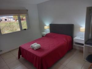a bedroom with a red bed with a teddy bear on it at Departamentos Capernaum in Santa Rosa