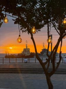 a tree in front of a sunset with two ships at Finch Nest Malecón in San Cristóbal