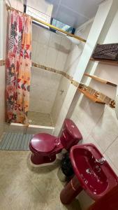 a red toilet in a bathroom with a shower at Finch Nest Malecón in San Cristóbal +7 photos
